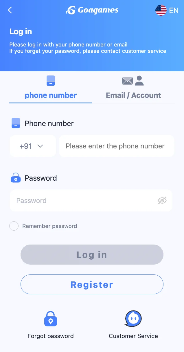 Goa Game login page